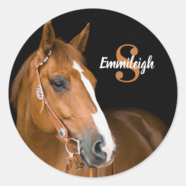 Sticker Rond Trimestre Brown Cheval Noir Monogramme Nom initial (Devant)