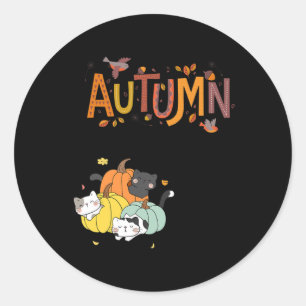 Sticker Rond Trio Cute Citrouille Chats Bonjour Automne Automne