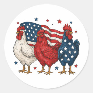 Sticker Rond Trio de Coq Patriotique Drôle de Poulet au Drapeau
