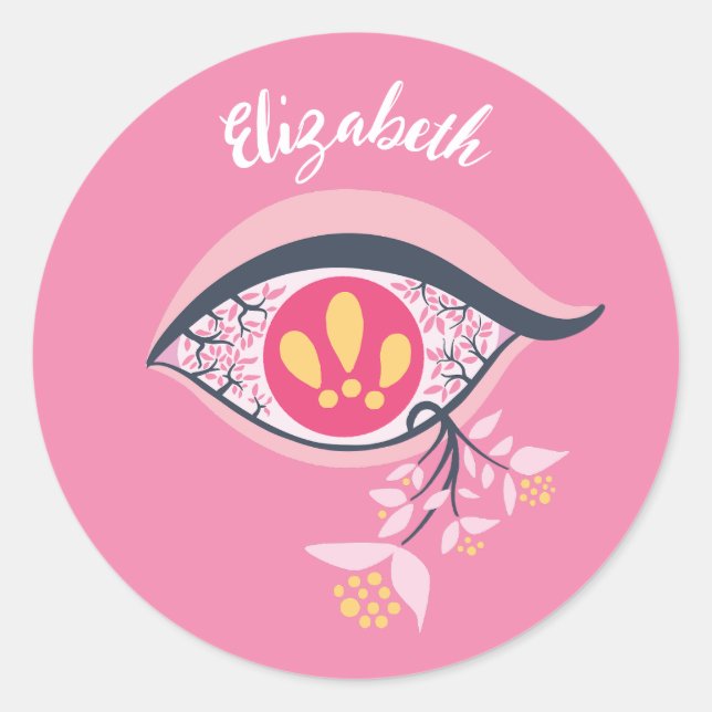 Sticker Rond Trippy Oeil rose Floral Nom psychédélique (Devant)