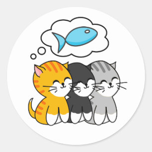 Sticker Rond Trois chatons pensant au poisson