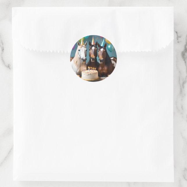 Sticker Rond Trois Chevaux Piebald fête d'anniversaire, (Sac)