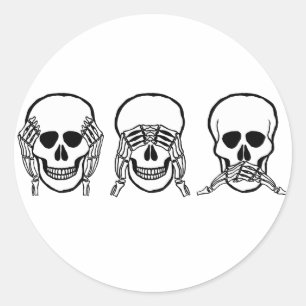 Sticker Rond Trois crânes sages, voyez, écoutez, ne parlez pas