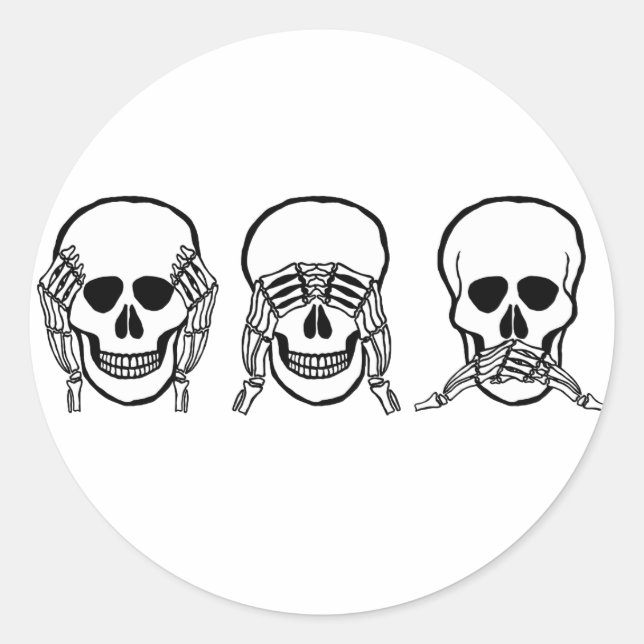 Sticker Rond Trois crânes sages, voyez, écoutez, ne parlez pas  (Devant)