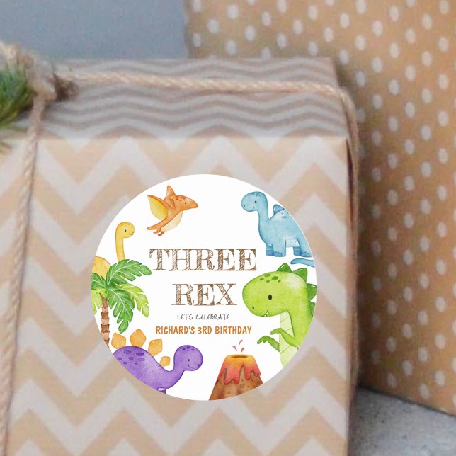 Sticker Rond Trois enfants Rex Dinosaur 3e fête d'anniversaire (Créateur téléchargé)