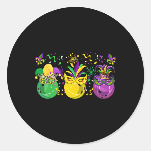 Sticker Rond Trois Mardi Gras Bowling Masqué Jester Parade Casq (Devant)