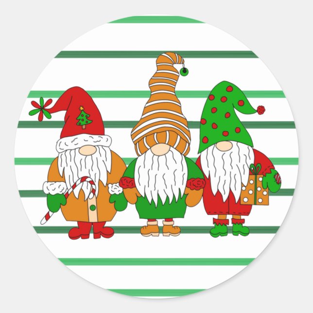 Sticker Rond Trois mignons Gnomes de Noël Festive Holiday (Devant)