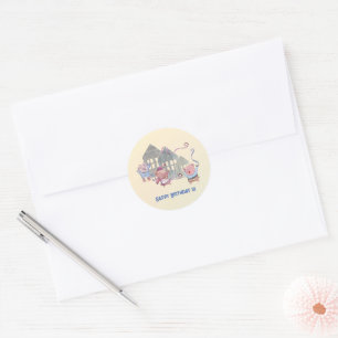 Sticker Rond Trois petits cochons fêtent un joyeux anniversaire