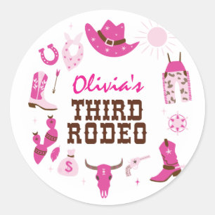 Sticker Rond Troisième Rodéo Pink Western Cowboy 3e Anniversair