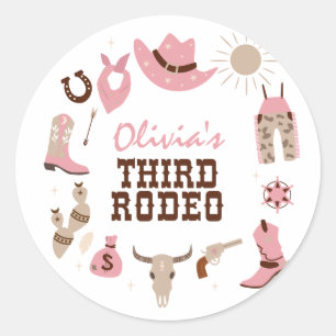 Sticker Rond Troisième Rodéo Rose Western Cowboy 3e anniversair