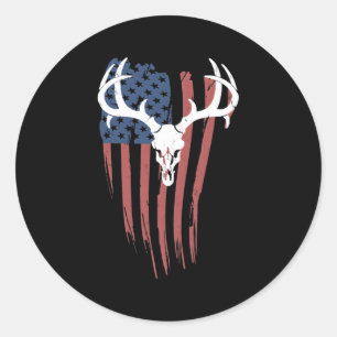 Sticker Rond Trophée de chasse au crâne Drapeau américain Chass