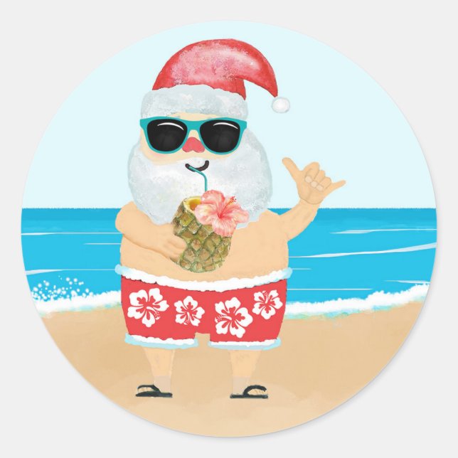 Sticker Rond Tropical Aloha Père Noël Hawaïen Plage (Devant)