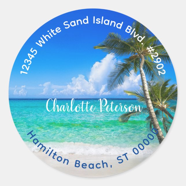 Sticker Rond Tropical Beach Palm Trees Retour Adresse (Devant)
