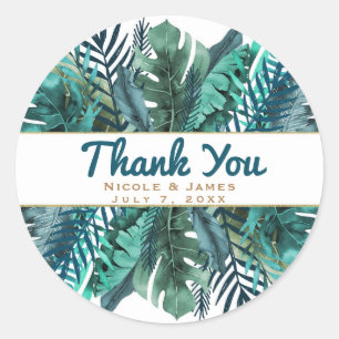 Sticker Rond Tropical Feuilles de Teal Vert Elégant Mariage Bla