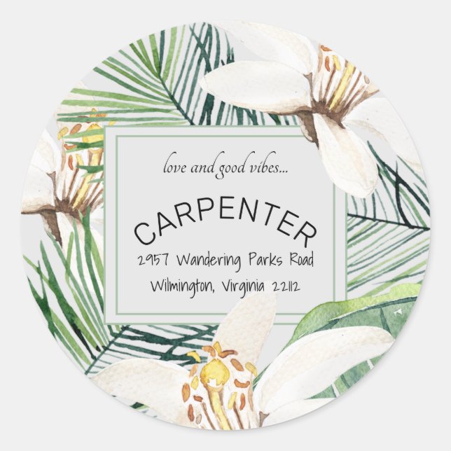 Sticker Rond Tropical Foliage Love & Good Vibes Mariage (Devant)