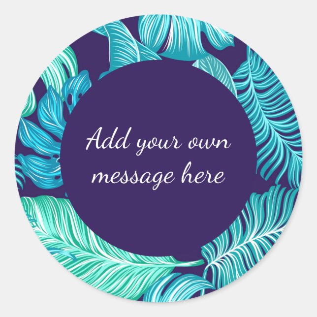 Sticker Rond Tropical Green Blue Leaves Pattern Custom Text (Devant)