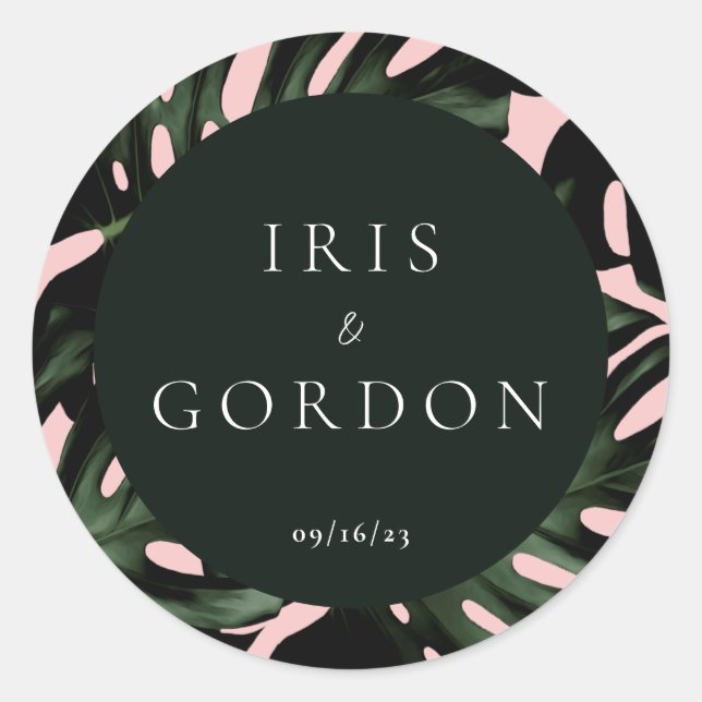 Sticker Rond Tropical Greenery Destination Mariage personnalisé (Devant)