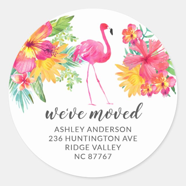 Sticker Rond Tropical Hibiscus Flamant rose rose Nouveau Étique (Devant)