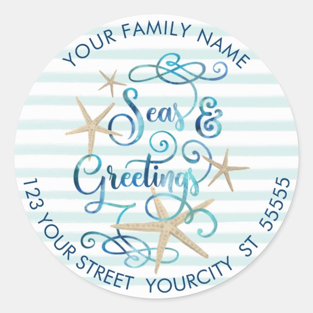 Sticker Rond Tropical "Joyeuses Fêtes" Aqua Stripe Adresse (Devant)