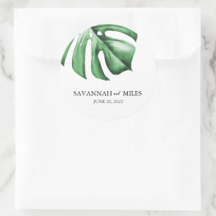 Sticker Rond Tropical Monstera Mariage Noms et Mariage de date