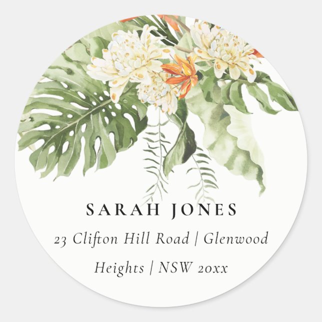 Sticker Rond Tropical Orange Green Leafy Botanique Adresse (Devant)