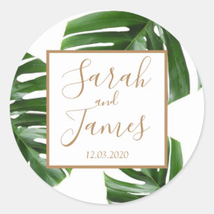Sticker Rond Tropical Palm Leaf vert rose or mariage autocollan