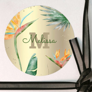 Sticker Rond Tropical Palm Moderne Monogramme Écriture Papier D