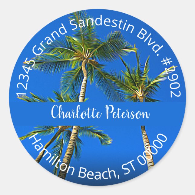 Sticker Rond Tropical Palm Trees Hand Lettré Adresse de retour (Devant)