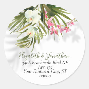 Sticker Rond Tropical Pink Orchids & Palms Shadows Adresse