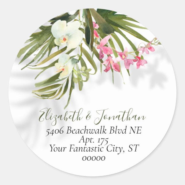 Sticker Rond Tropical Pink Orchids & Palms Shadows Adresse (Devant)