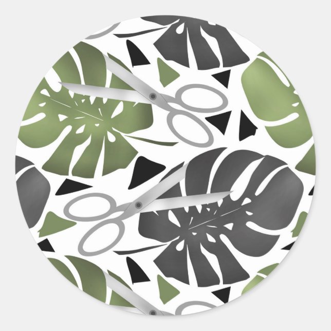 Sticker Rond Tropical print monstera leaves scissors jungle exo (Devant)