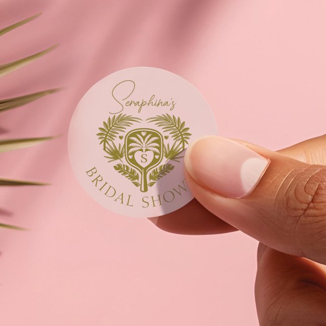 Sticker Rond Tropical Rétro Arbre Palmier Cadeau de Mariage Pic (Retro Tropical Palm Tree Pickleball Bridal Shower Classic Round Sticker)