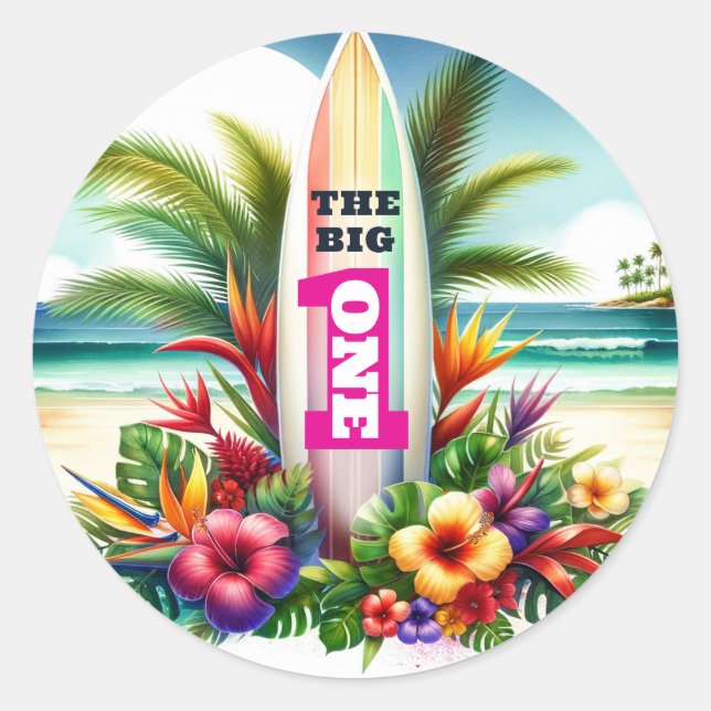 Sticker Rond Tropical Surfboard The Big ONE 1er anniversaire (Devant)