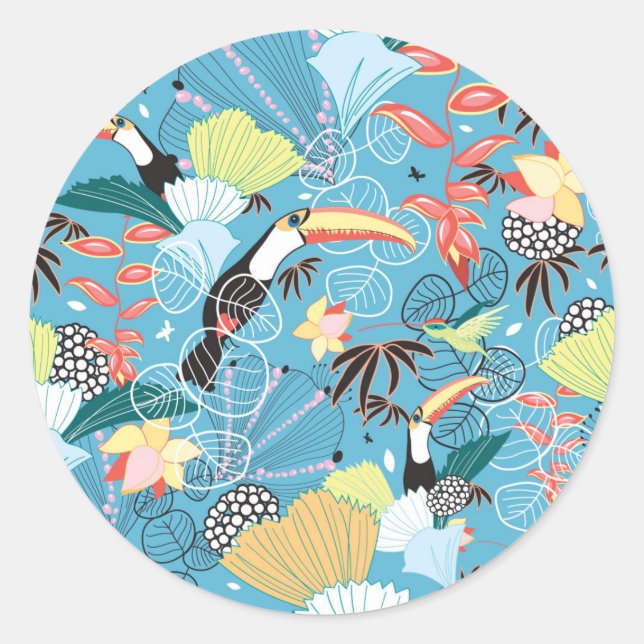 Sticker Rond Tropical Texture With Toucans and Hummingbirds (Devant)