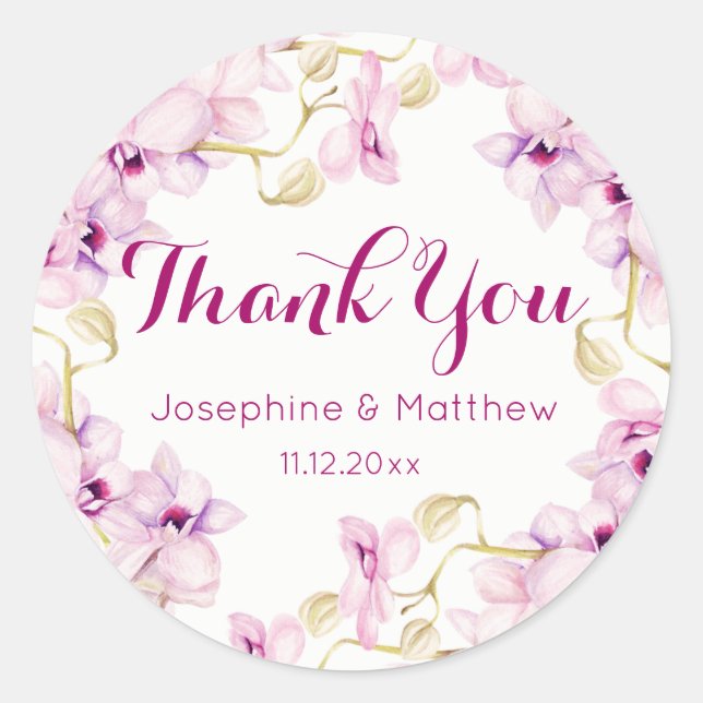 Sticker Rond Tropical violet orchidée Floral Mariage Merci (Devant)
