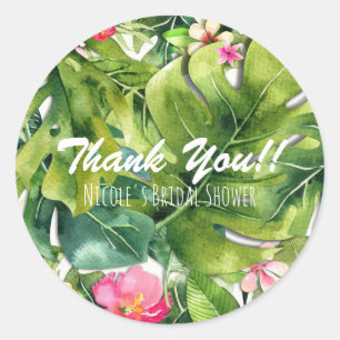 Sticker Rond Tropiques Élégants Feuilles Vertes Floral Aquarell
