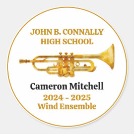 Sticker Rond Trumpet Player High School Band Gold Personalized