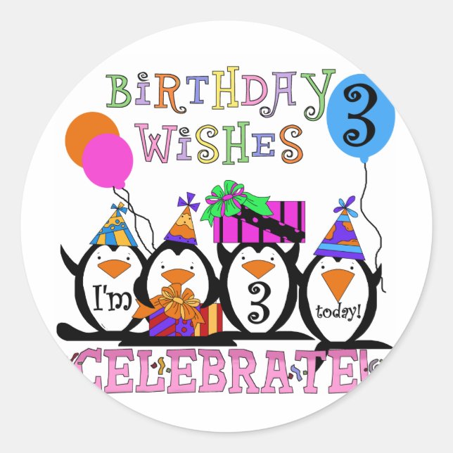 Sticker Rond Tshirts et cadeaux d'anniversaire 3ème de Penguins (Devant)