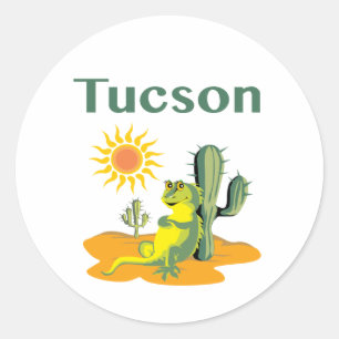 Sticker Rond Tucson Arizona Lizard sous Saguaro Classic Round
