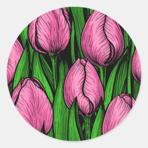 Sticker Rond Tulières roses avec feuilles verts