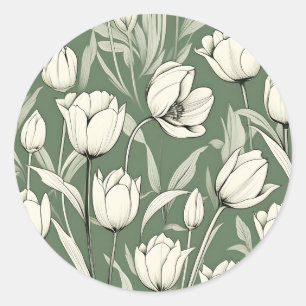 Sticker Rond Tulipe Botanique Sur Sage Green