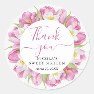 Sticker Rond Tulipes d'aquarelle et Sweet sixteen de jonquilles