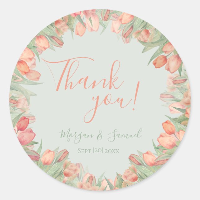 Sticker Rond Tulipes de printemps rose pêche et menthe Merci (Devant)
