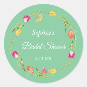 Sticker Rond Tulipes et Papillons Fête de Mariage Verte