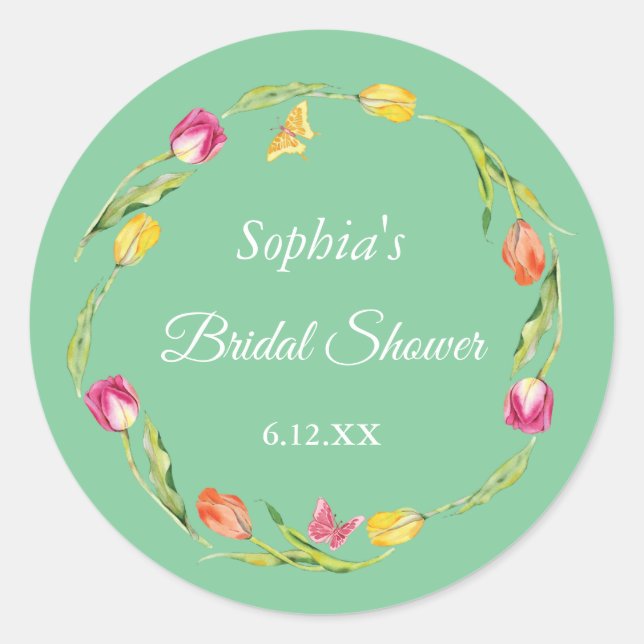 Sticker Rond Tulipes et Papillons Fête de Mariage Verte (Devant)