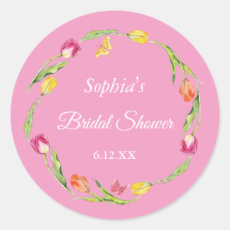 Sticker Rond Tulipes et Papillons Rose Baby Shower Mariage