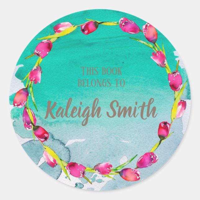 Sticker Rond Tulipes violettes roses sur Aquarelle Turquoise No (Devant)