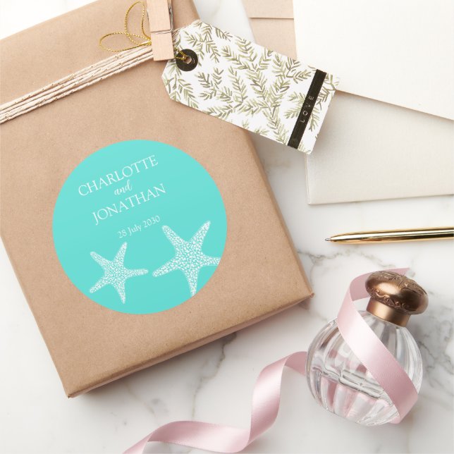 Sticker Rond Turqoise Moderne Tropical Starfish Plage Mariage (Cadeaux)