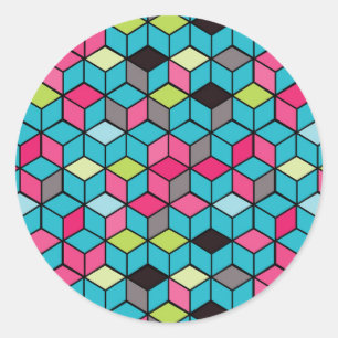 Sticker Rond Turqouise et Motif de Cube rose