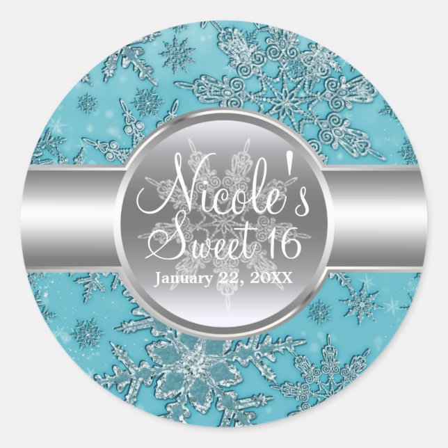 Sticker Rond Turquoise Aqua Snowflakes Winter Wonderland Party (Devant)